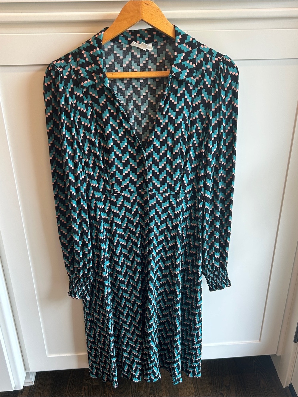Seraphine Geometric Print Teal and Black Long Sleeve Nursing Post Natal Dress 4